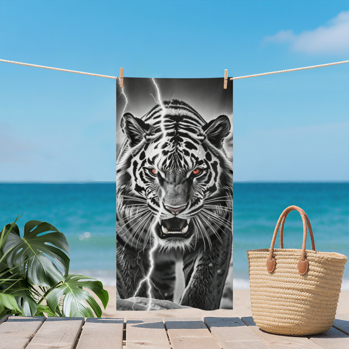 Black White Tiger Lightning Bold Print Beach Towel, Thick Soft & Quick Water Absorbent, Diverse Size Options Offer Sturdy Comfort for Outdoor Beach Trips