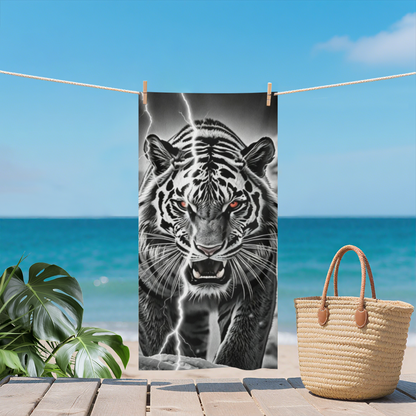 Black White Tiger Lightning Bold Print Beach Towel, Thick Soft & Quick Water Absorbent, Diverse Size Options Offer Sturdy Comfort for Outdoor Beach Trips