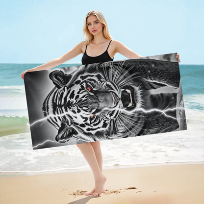 Black White Tiger Lightning Bold Print Beach Towel, Thick Soft & Quick Water Absorbent, Diverse Size Options Offer Sturdy Comfort for Outdoor Beach Trips