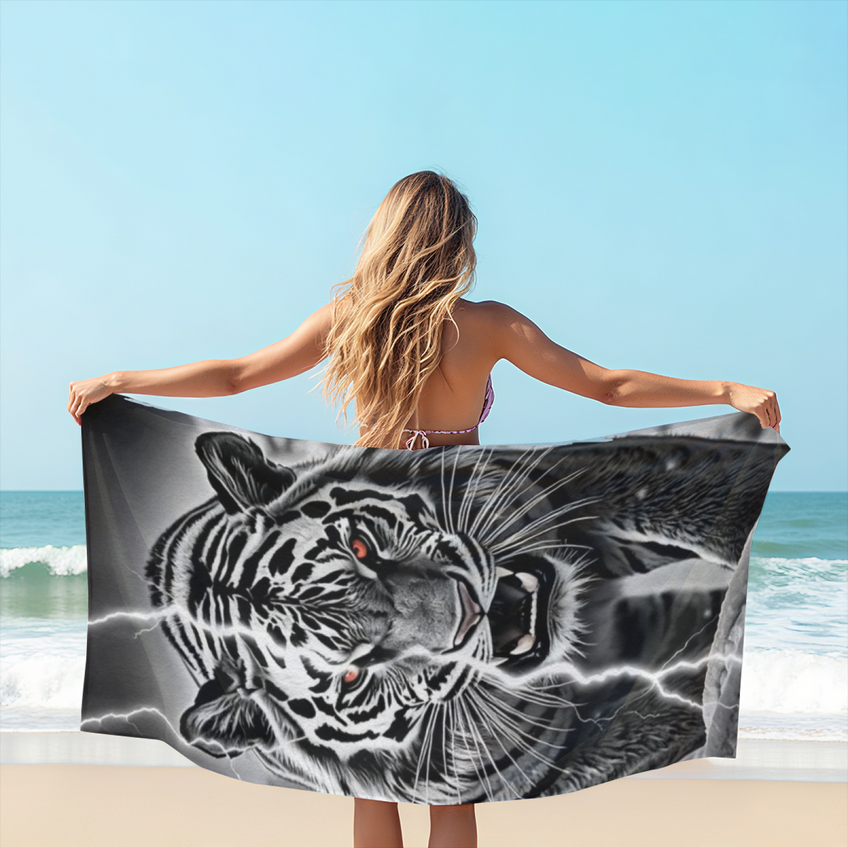 Black White Tiger Lightning Bold Print Beach Towel, Thick Soft & Quick Water Absorbent, Diverse Size Options Offer Sturdy Comfort for Outdoor Beach Trips
