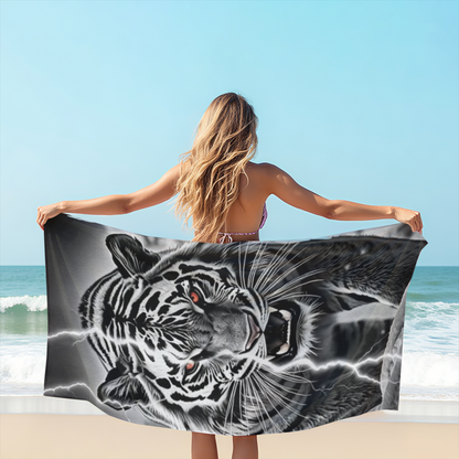 Black White Tiger Lightning Bold Print Beach Towel, Thick Soft & Quick Water Absorbent, Diverse Size Options Offer Sturdy Comfort for Outdoor Beach Trips