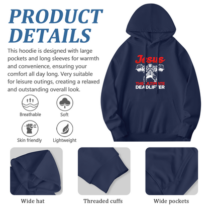 Jesus The Ultimate Deadlifter Navy Hoodie, Gym Men Comfort Top