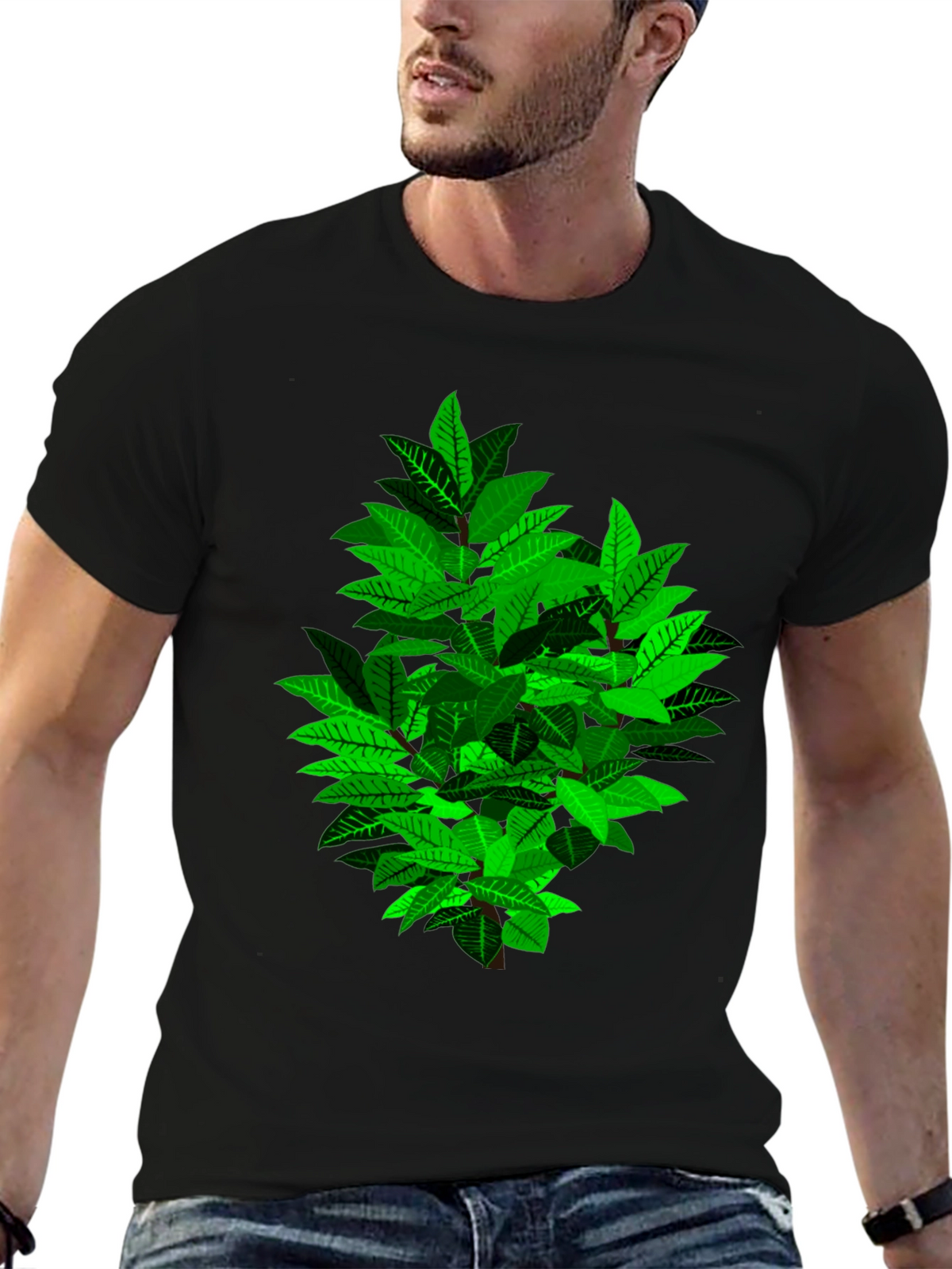 Leafy Bush Graphic Print Black T-Shirt
