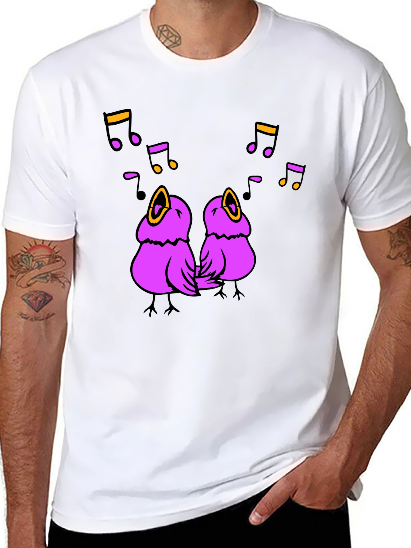 Singing Birds Graphic Tee - Black Cotton T-Shirt