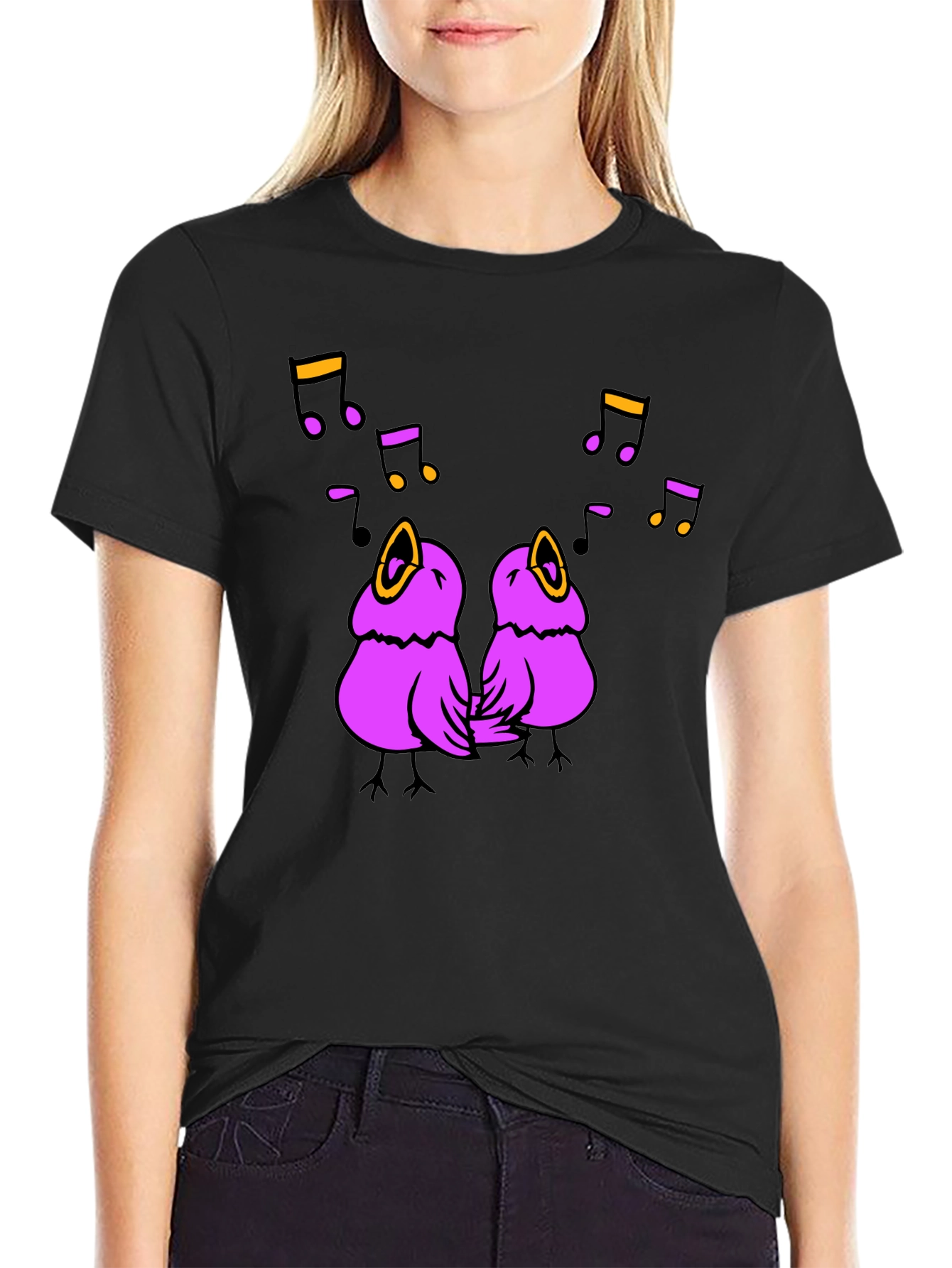Singing Birds Graphic Tee - Black Cotton T-Shirt