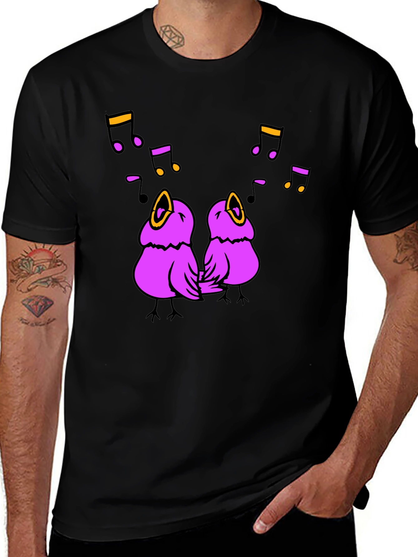 Singing Birds Graphic Tee - Black Cotton T-Shirt