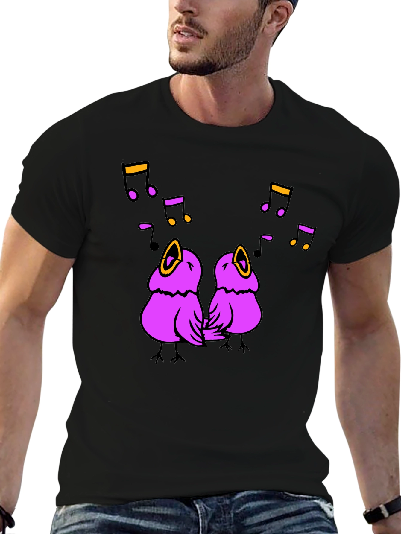 Singing Birds Graphic Tee - Black Cotton T-Shirt