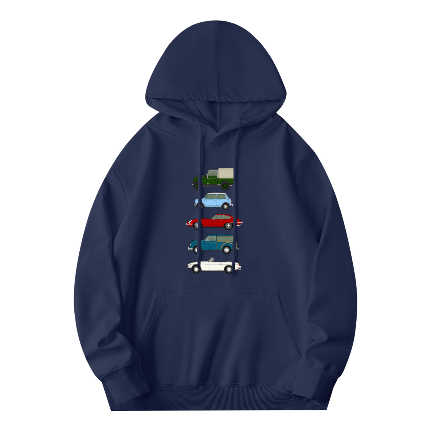 Vintage Classic Car Stack Navy Hoodie, Car Guy Soft Comfort Pullover