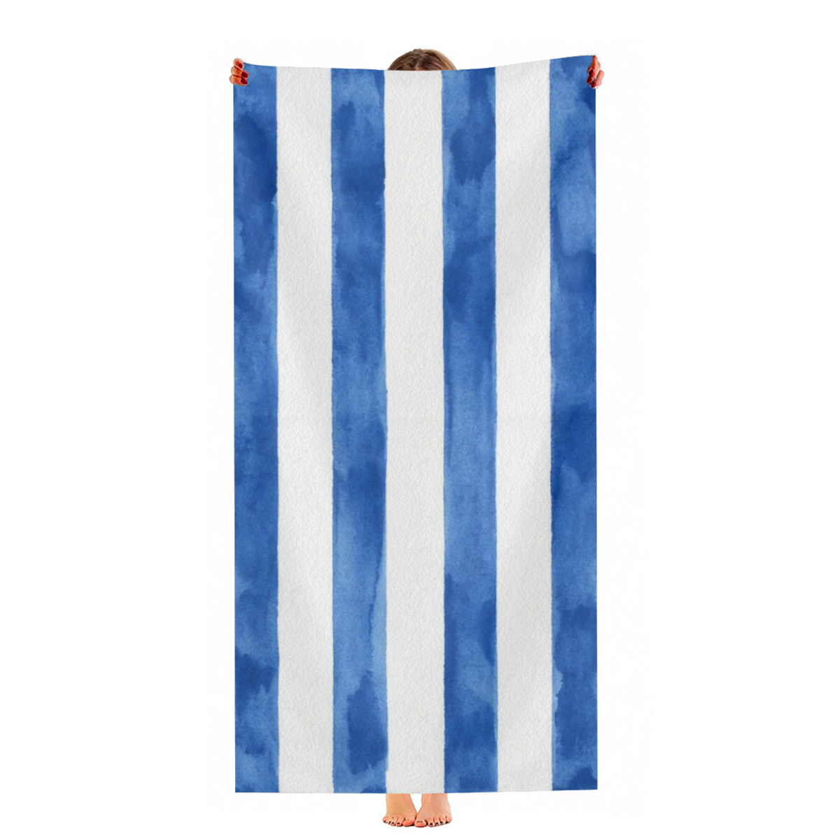 Watercolor Wide Blue White Vertical Cabana Stripe Beach Towel, Diverse Size Options, Silky Soft Touch, Instant Water Absorption & Extra Comfortable for Poolside Relaxation