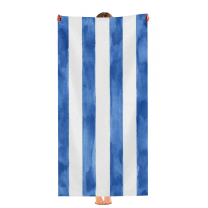 Watercolor Wide Blue White Vertical Cabana Stripe Beach Towel, Diverse Size Options, Silky Soft Touch, Instant Water Absorption & Extra Comfortable for Poolside Relaxation