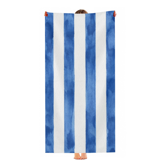 Watercolor Wide Blue White Vertical Cabana Stripe Beach Towel, Diverse Size Options, Silky Soft Touch, Instant Water Absorption & Extra Comfortable for Poolside Relaxation