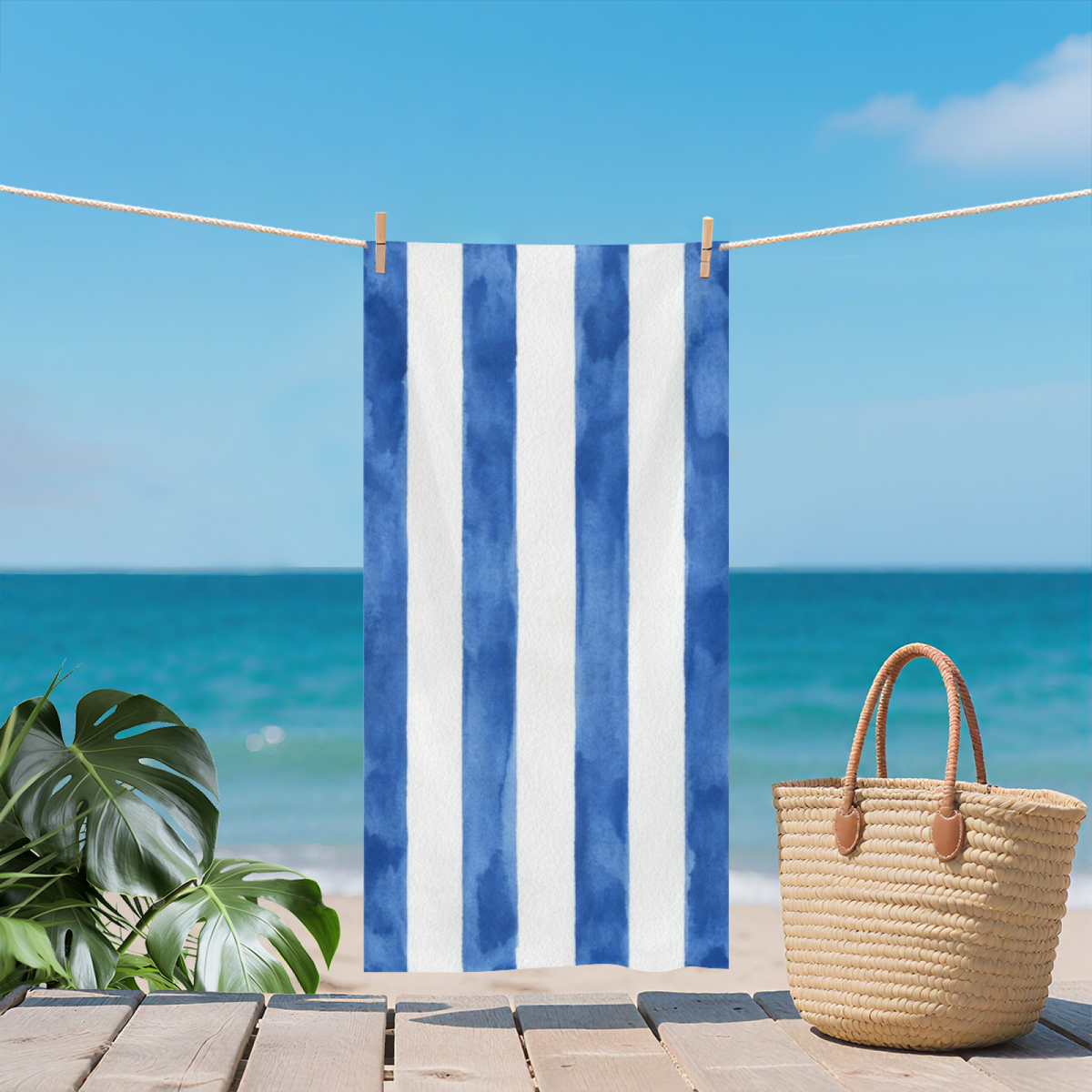 Watercolor Wide Blue White Vertical Cabana Stripe Beach Towel, Diverse Size Options, Silky Soft Touch, Instant Water Absorption & Extra Comfortable for Poolside Relaxation