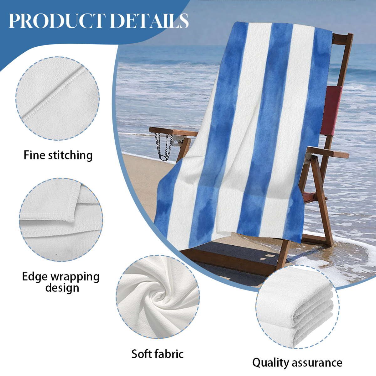 Watercolor Wide Blue White Vertical Cabana Stripe Beach Towel, Diverse Size Options, Silky Soft Touch, Instant Water Absorption & Extra Comfortable for Poolside Relaxation