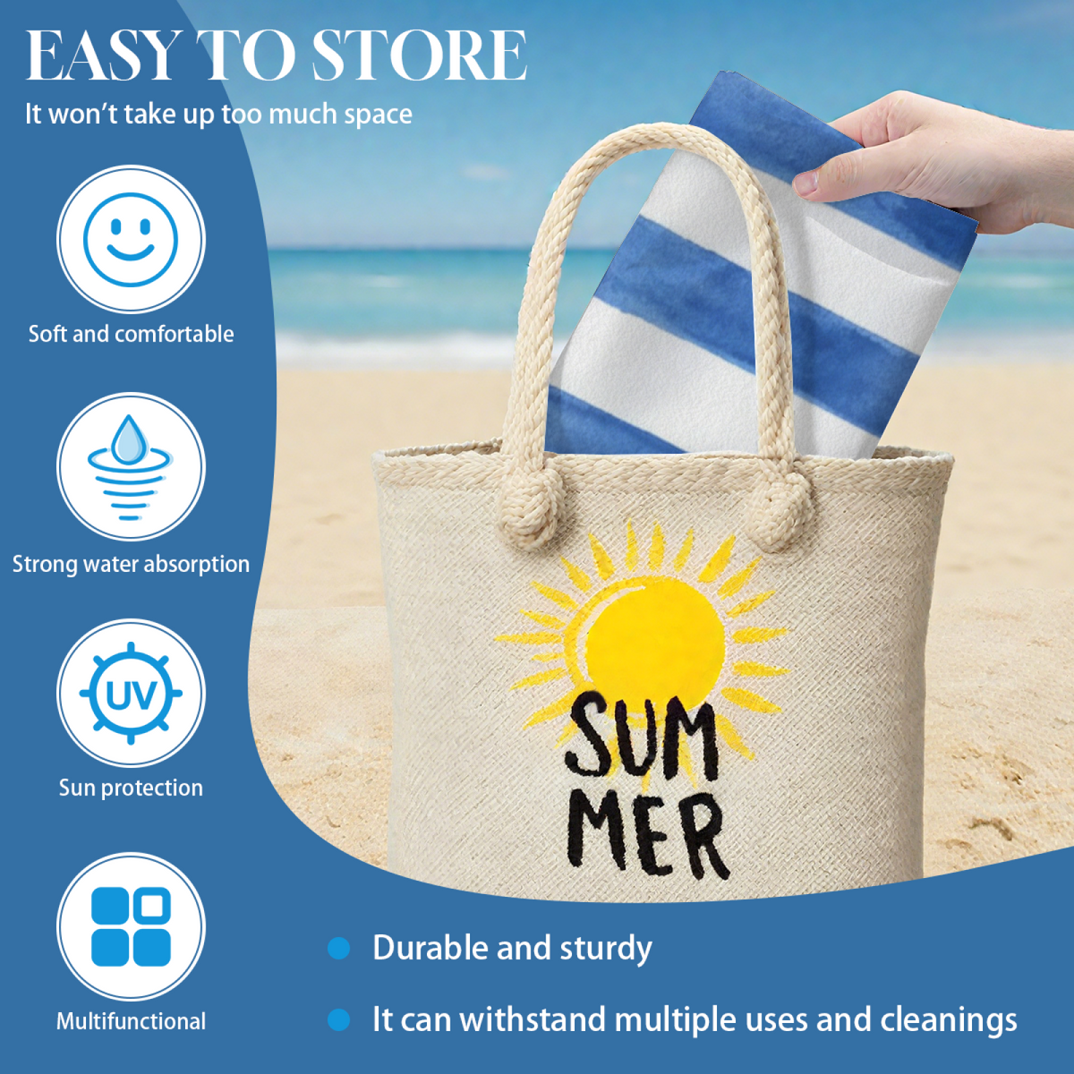Watercolor Wide Blue White Vertical Cabana Stripe Beach Towel, Diverse Size Options, Silky Soft Touch, Instant Water Absorption & Extra Comfortable for Poolside Relaxation