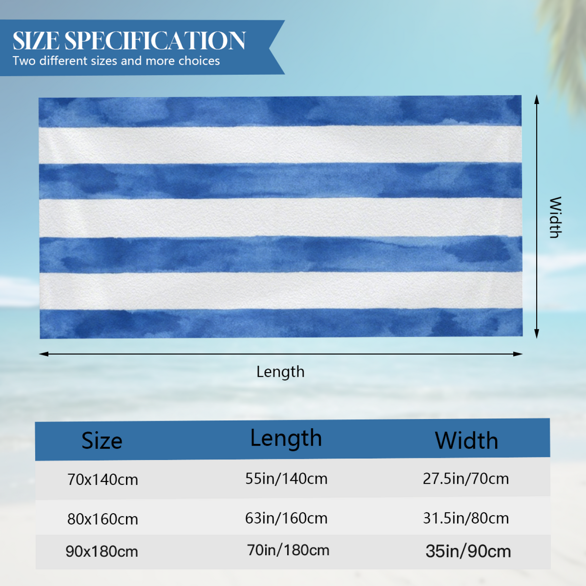 Watercolor Wide Blue White Vertical Cabana Stripe Beach Towel, Diverse Size Options, Silky Soft Touch, Instant Water Absorption & Extra Comfortable for Poolside Relaxation