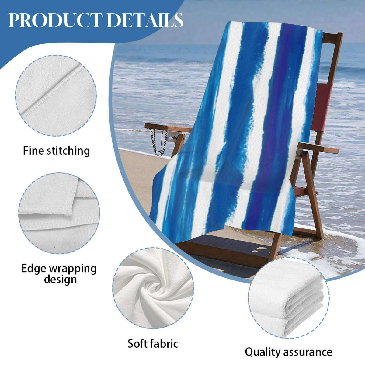 Hand?Painted Blue Tie Dye Vertical Stripe Beach Towel, Wide Range of Sizes, Silky Smooth Soft, Super Absorbent & Cozy for Pool, Beach & Gym Use