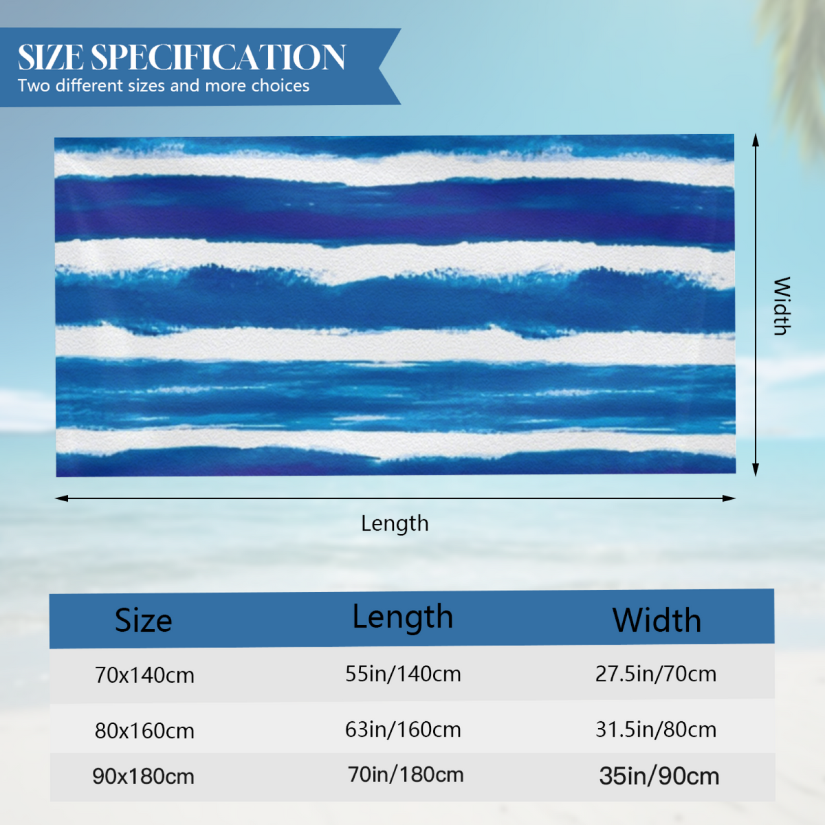 Hand?Painted Blue Tie Dye Vertical Stripe Beach Towel, Wide Range of Sizes, Silky Smooth Soft, Super Absorbent & Cozy for Pool, Beach & Gym Use