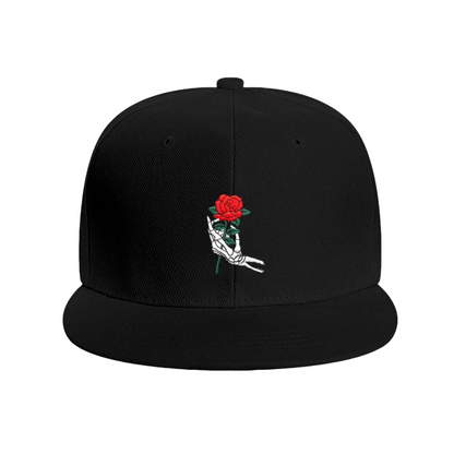 Skeleton Hand Holding Red Rose Print Flat Brim Sun Hat, Gothic Romantic Women Street Cap