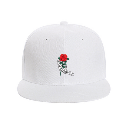 Skeleton Hand Holding Red Rose Print Flat Brim Sun Hat, Gothic Romantic Women Street Cap