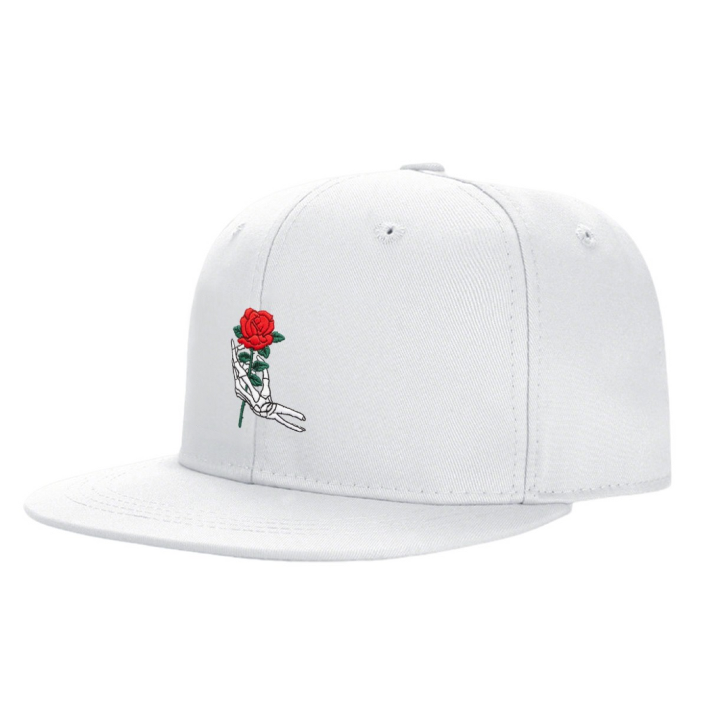 Skeleton Hand Holding Red Rose Print Flat Brim Sun Hat, Gothic Romantic Women Street Cap