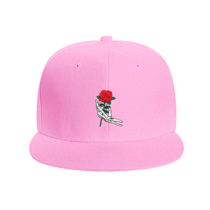 Skeleton Hand Holding Red Rose Print Flat Brim Sun Hat, Gothic Romantic Women Street Cap