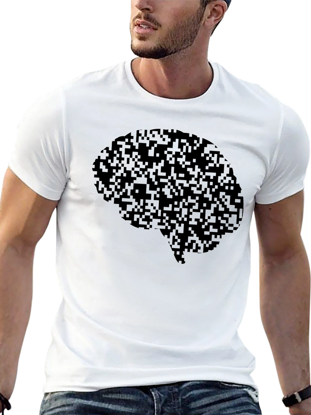 Pixel Brain Graphic Tee - Black Cotton Casual Shirt