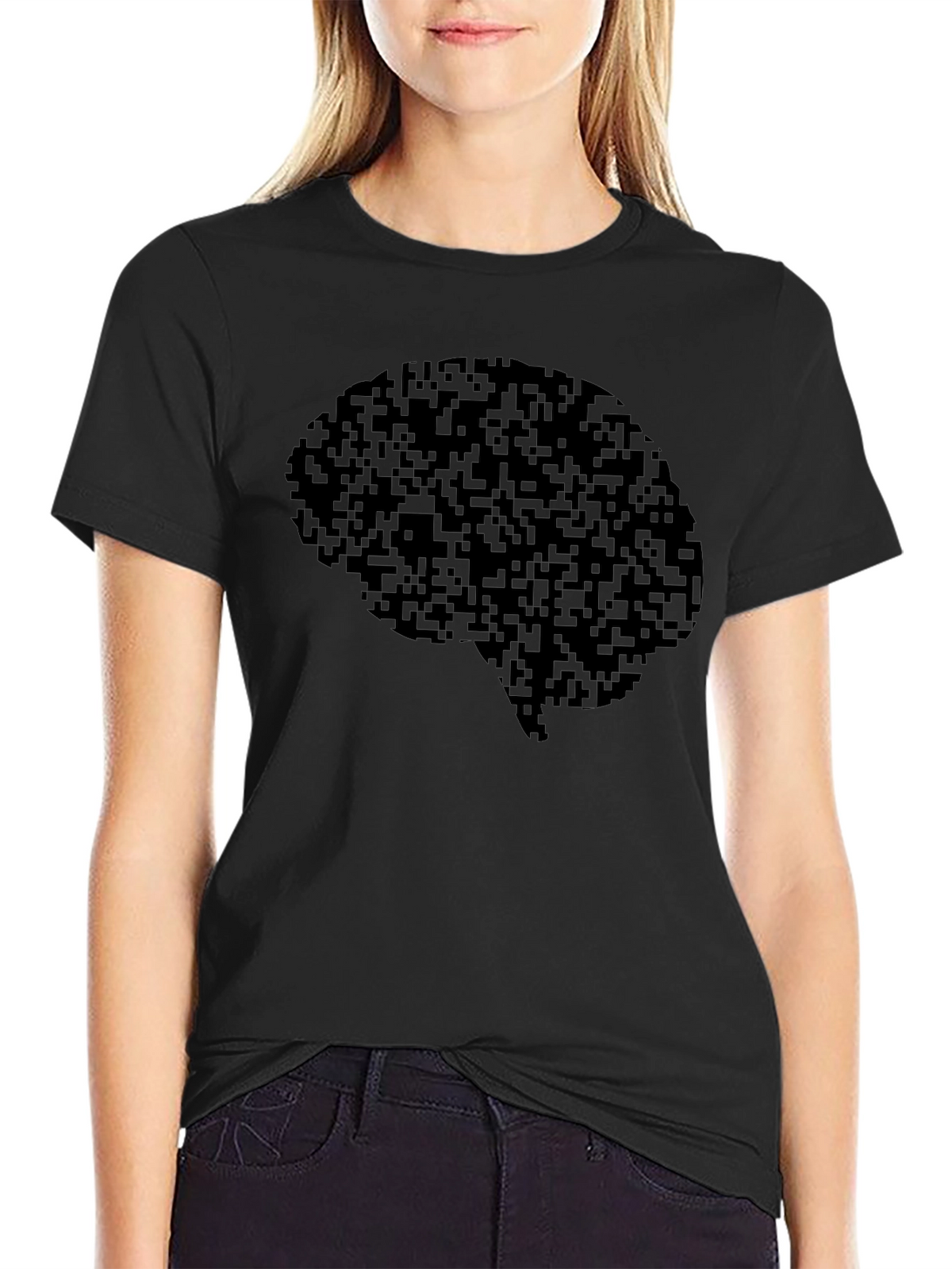 Pixel Brain Graphic Tee - Black Cotton Casual Shirt