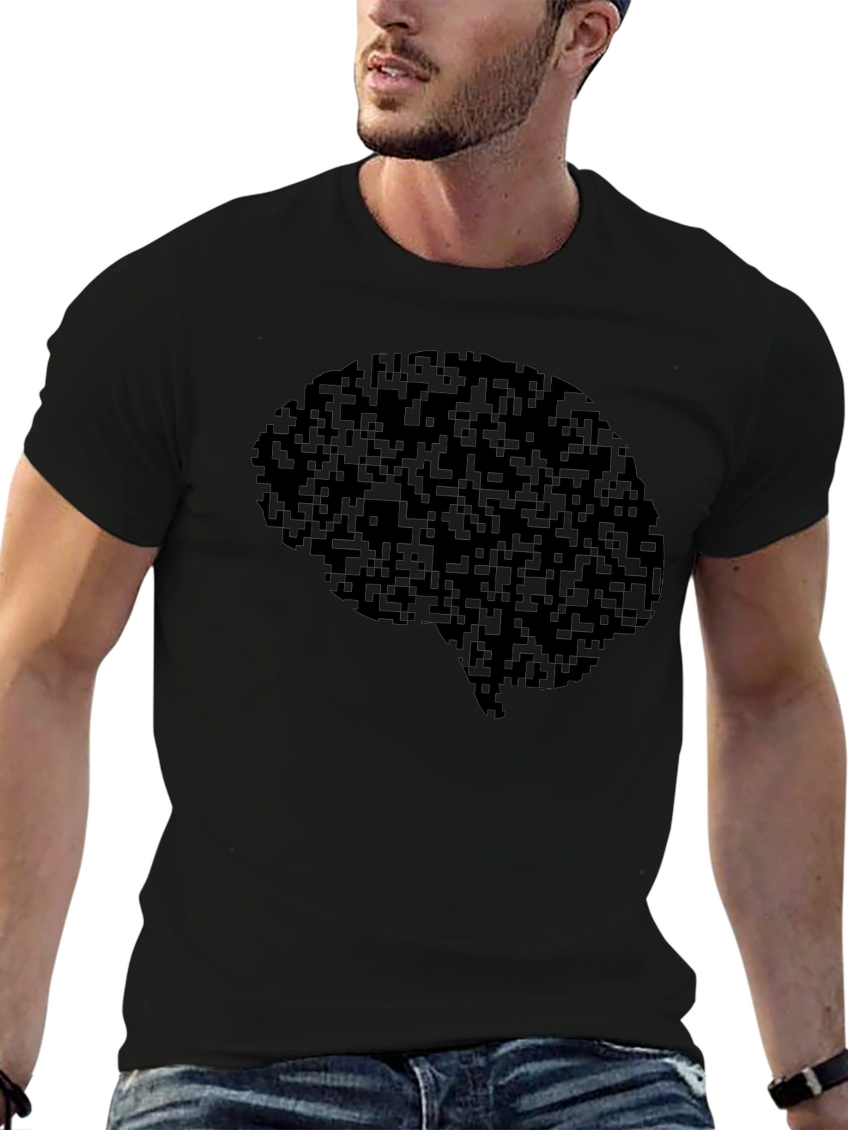 Pixel Brain Graphic Tee - Black Cotton Casual Shirt