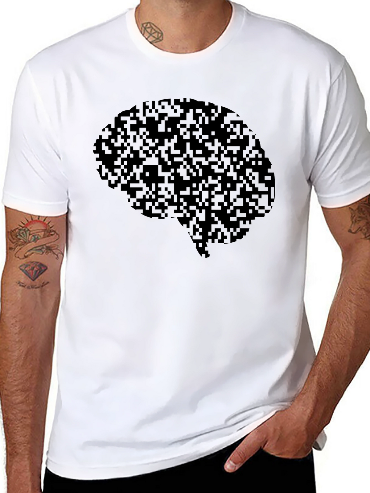 Pixel Brain Graphic Tee - Black Cotton Casual Shirt