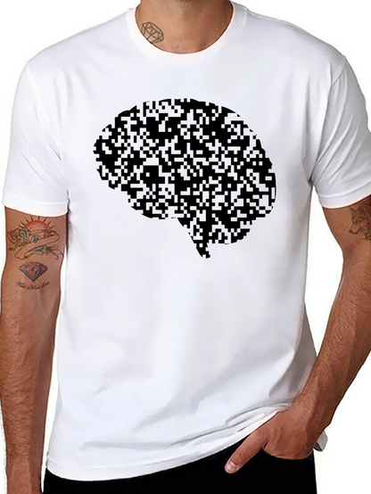 Pixel Brain Graphic Tee - Black Cotton Casual Shirt