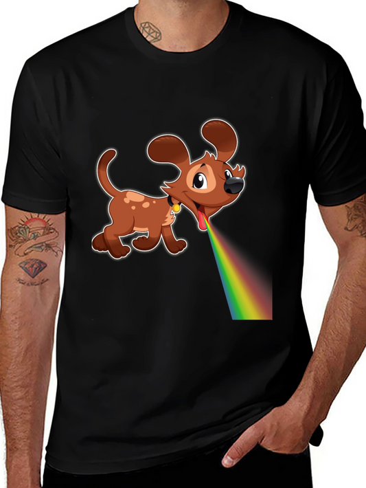Cartoon Dog Rainbow Vomit Black T-Shirt