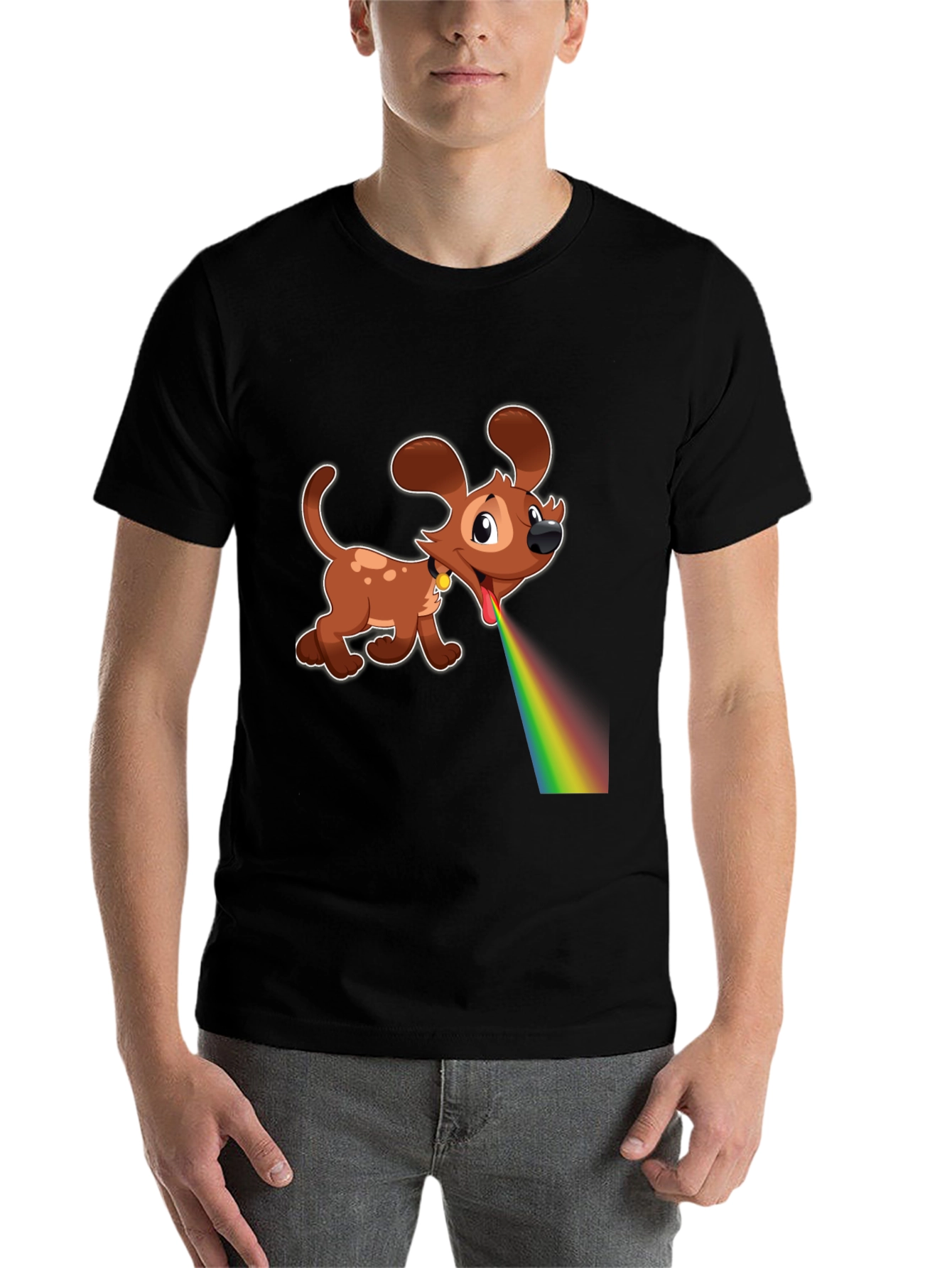 Cartoon Dog Rainbow Vomit Black T-Shirt