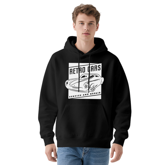 Retro Classic Car Service Repair Line Art Black Hoodie, Comfort Men Auto Sweatshirt