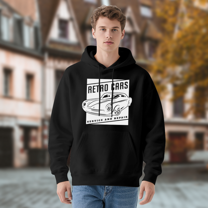 Retro Classic Car Service Repair Line Art Black Hoodie, Comfort Men Auto Sweatshirt