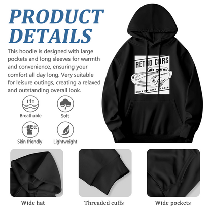 Retro Classic Car Service Repair Line Art Black Hoodie, Comfort Men Auto Sweatshirt