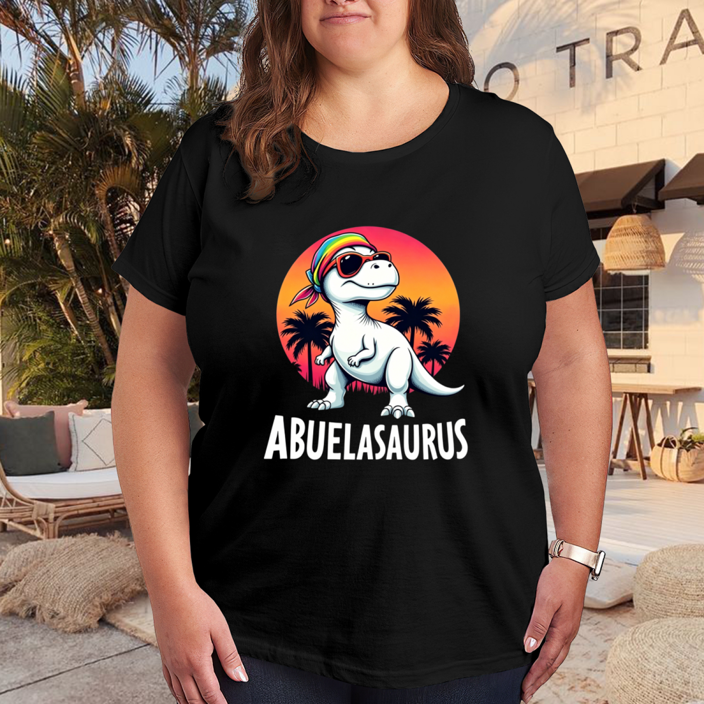 Retro Sunset Rainbow Bandana Abuelasaurus Dinosaur Women Tee
