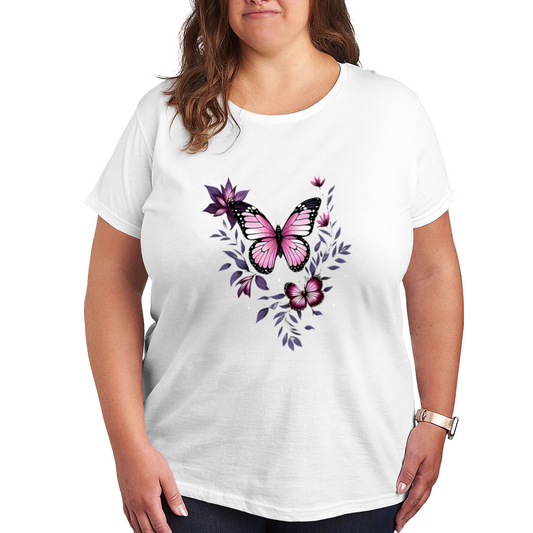 Beautiful Pink Purple Butterfly Floral Wreath Boho Plus Size Women Printed T-Shirt