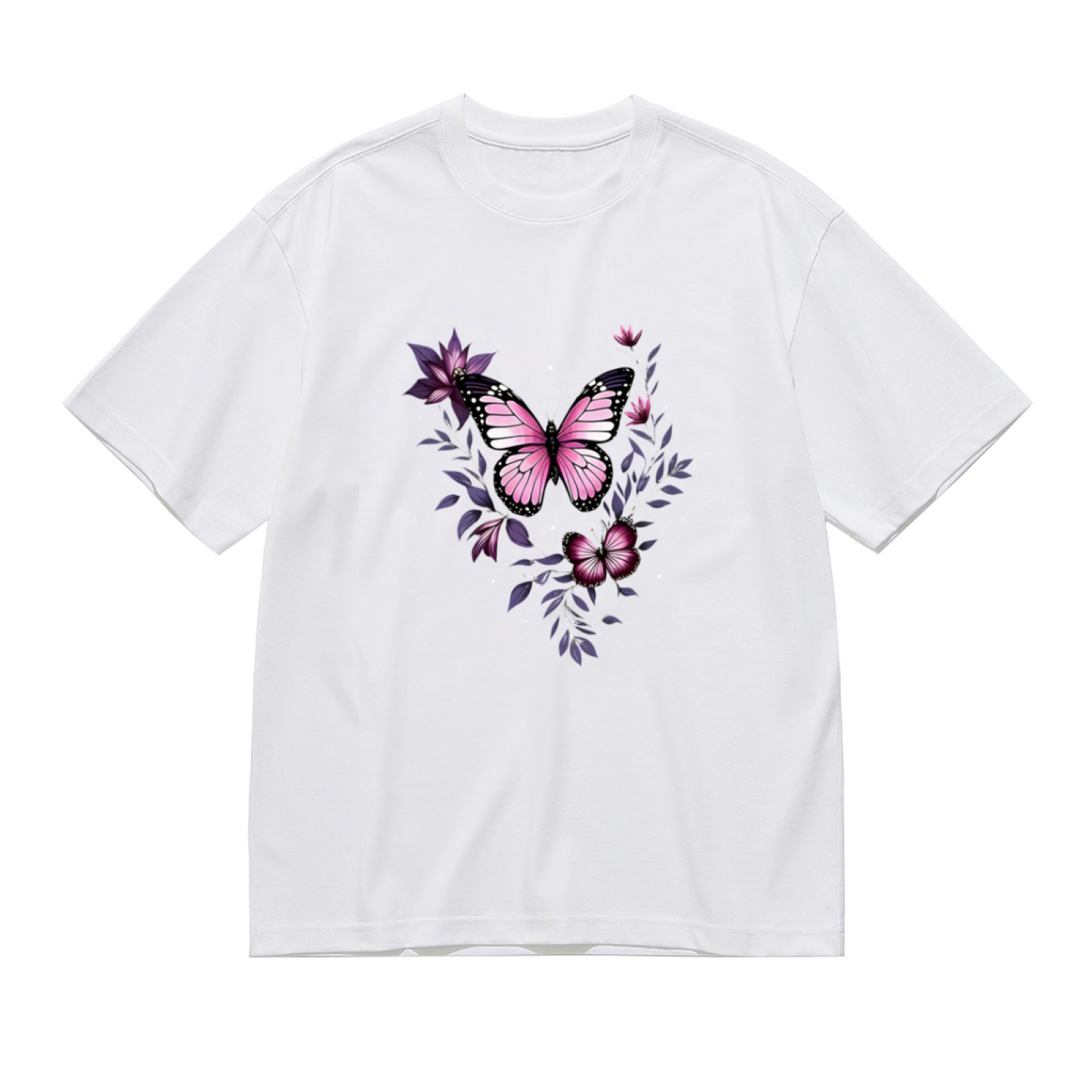 Beautiful Pink Purple Butterfly Floral Wreath Boho Plus Size Women Printed T-Shirt