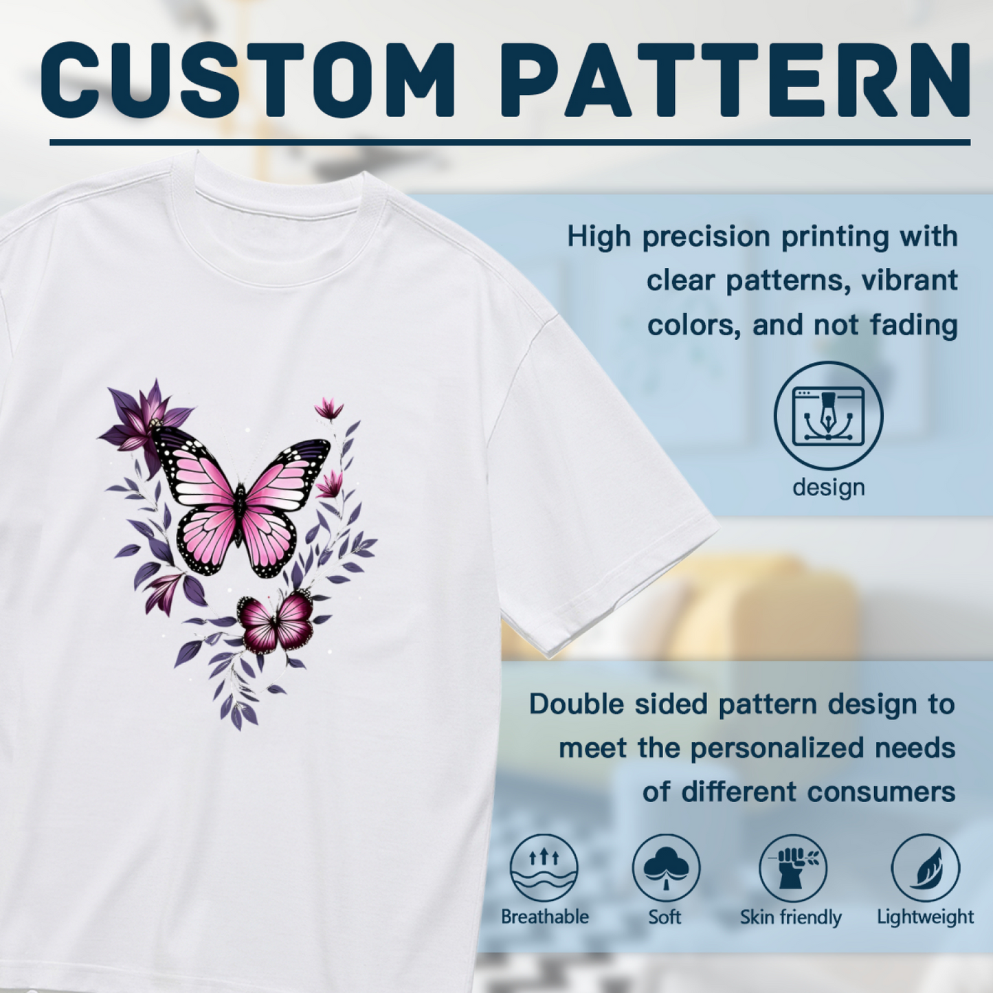Beautiful Pink Purple Butterfly Floral Wreath Boho Plus Size Women Printed T-Shirt