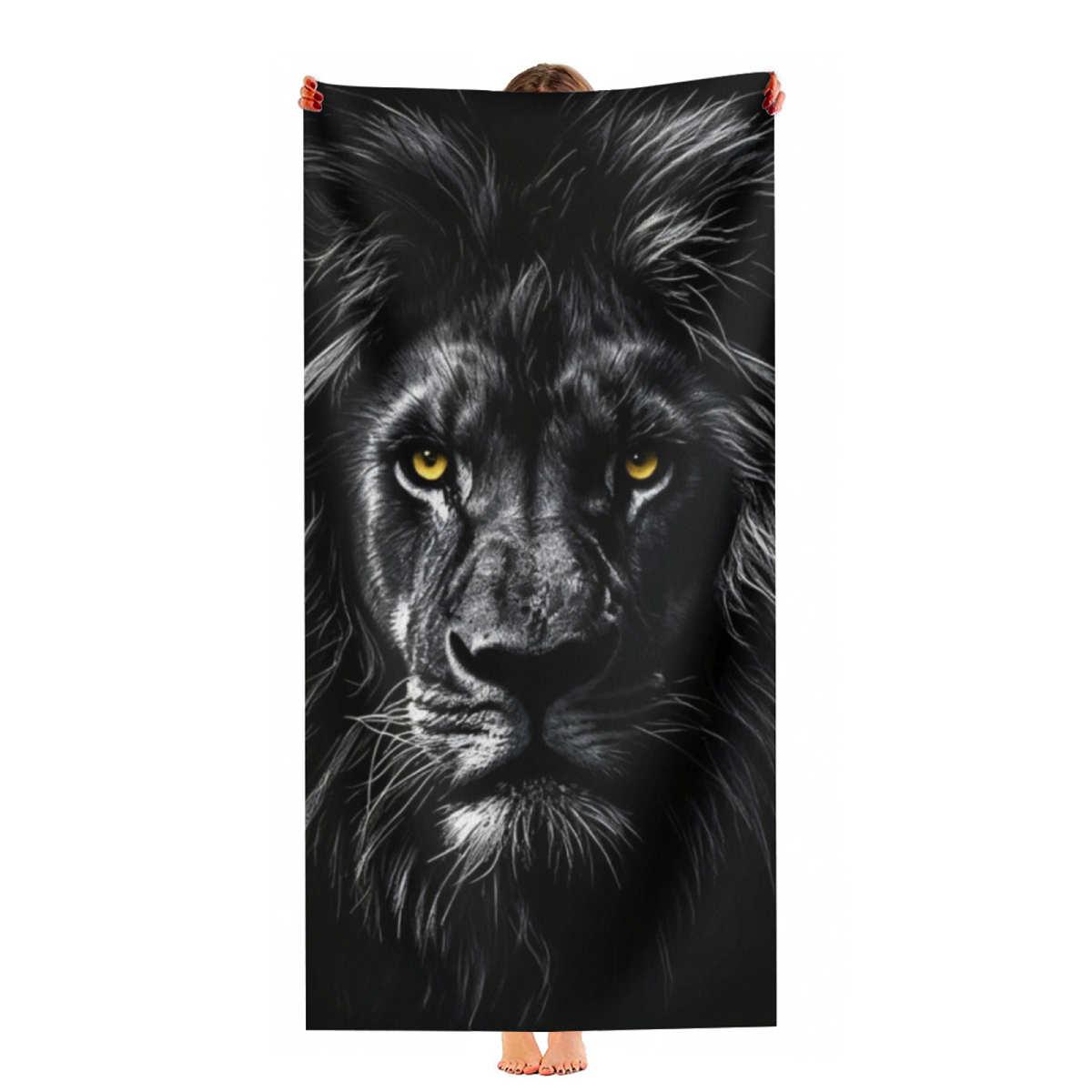 Monochrome Black Lion Golden Eyes Wildlife Print Beach Towel, Full Multi?Size Range, Luxurious Soft Feel, Efficient Water Absorption & Snug for Outdoor Sun Time