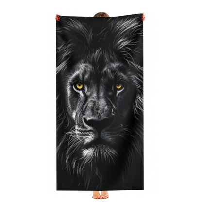 Monochrome Black Lion Golden Eyes Wildlife Print Beach Towel, Full Multi?Size Range, Luxurious Soft Feel, Efficient Water Absorption & Snug for Outdoor Sun Time