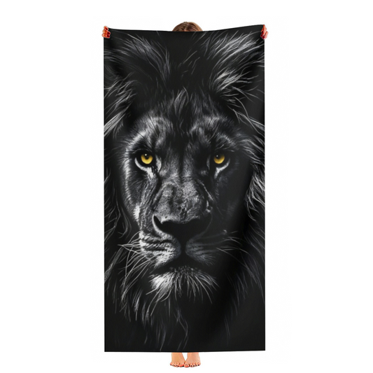 Monochrome Black Lion Golden Eyes Wildlife Print Beach Towel, Full Multi?Size Range, Luxurious Soft Feel, Efficient Water Absorption & Snug for Outdoor Sun Time