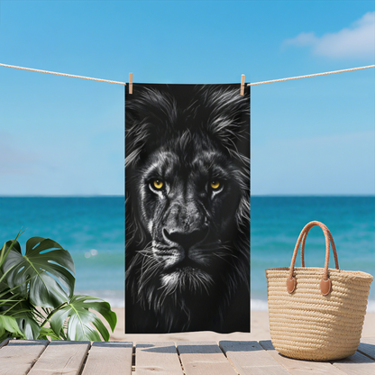 Monochrome Black Lion Golden Eyes Wildlife Print Beach Towel, Full Multi?Size Range, Luxurious Soft Feel, Efficient Water Absorption & Snug for Outdoor Sun Time