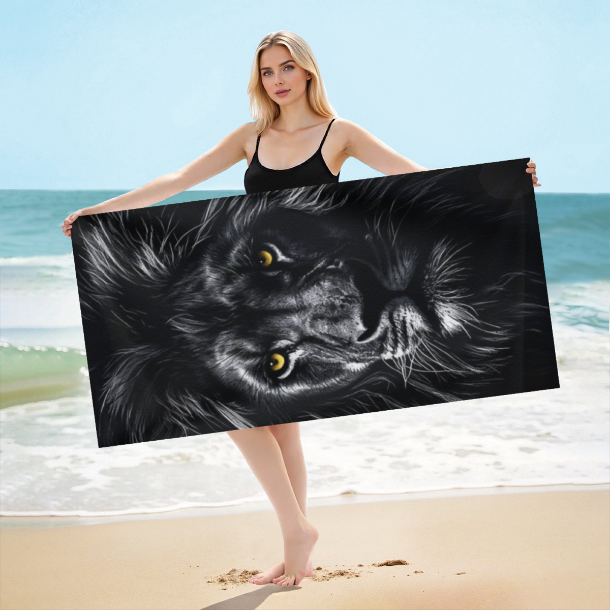 Monochrome Black Lion Golden Eyes Wildlife Print Beach Towel, Full Multi?Size Range, Luxurious Soft Feel, Efficient Water Absorption & Snug for Outdoor Sun Time