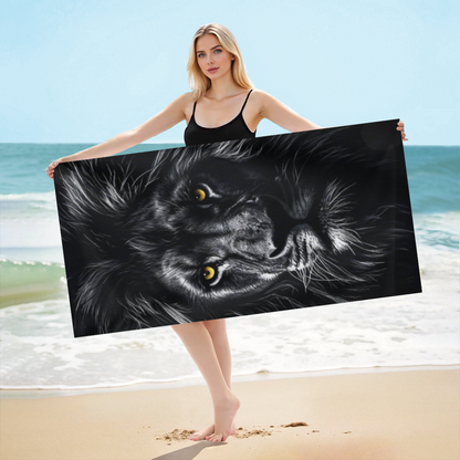 Monochrome Black Lion Golden Eyes Wildlife Print Beach Towel, Full Multi?Size Range, Luxurious Soft Feel, Efficient Water Absorption & Snug for Outdoor Sun Time