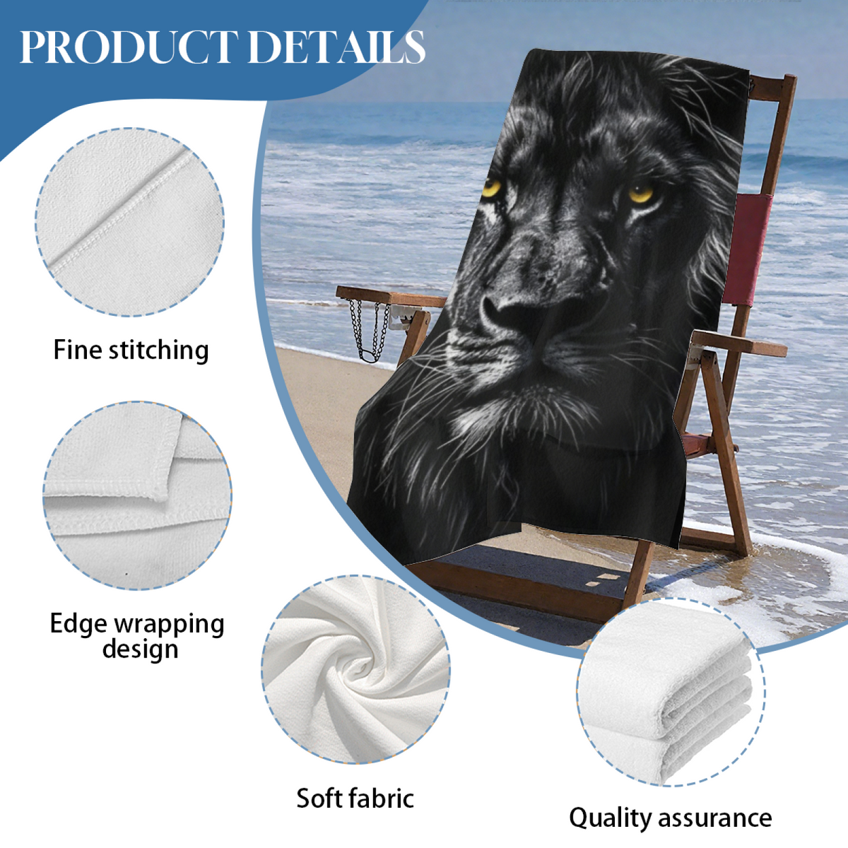 Monochrome Black Lion Golden Eyes Wildlife Print Beach Towel, Full Multi?Size Range, Luxurious Soft Feel, Efficient Water Absorption & Snug for Outdoor Sun Time