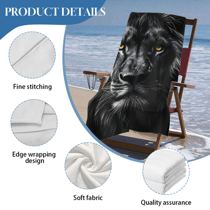 Monochrome Black Lion Golden Eyes Wildlife Print Beach Towel, Full Multi?Size Range, Luxurious Soft Feel, Efficient Water Absorption & Snug for Outdoor Sun Time
