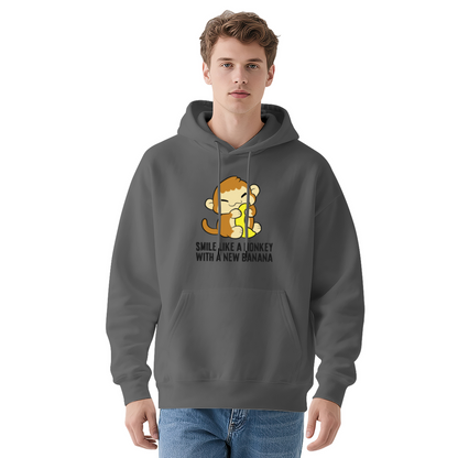 Cute Monkey Banana Cartoon White Hoodie, Soft Sweet Casual Men Women Pullover