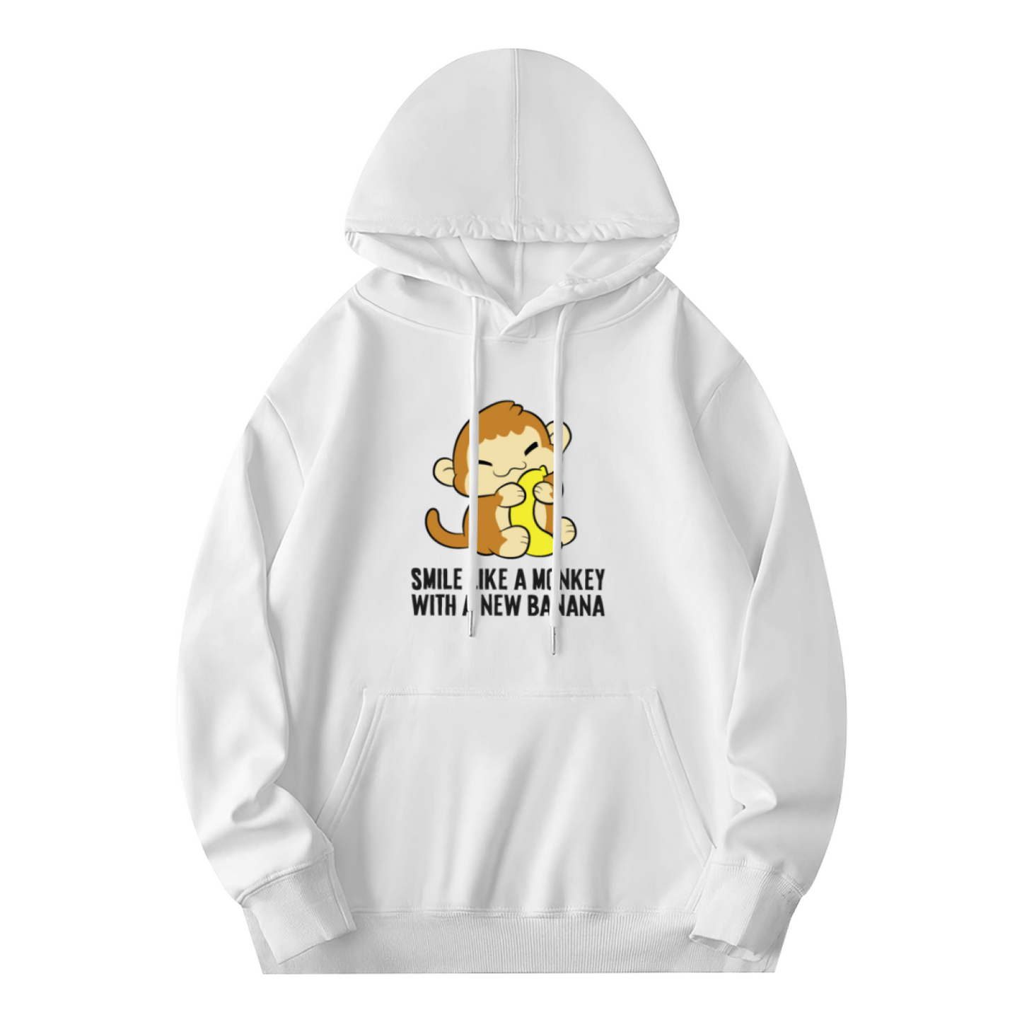 Cute Monkey Banana Cartoon White Hoodie, Soft Sweet Casual Men Women Pullover