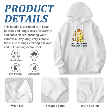 Cute Monkey Banana Cartoon White Hoodie, Soft Sweet Casual Men Women Pullover